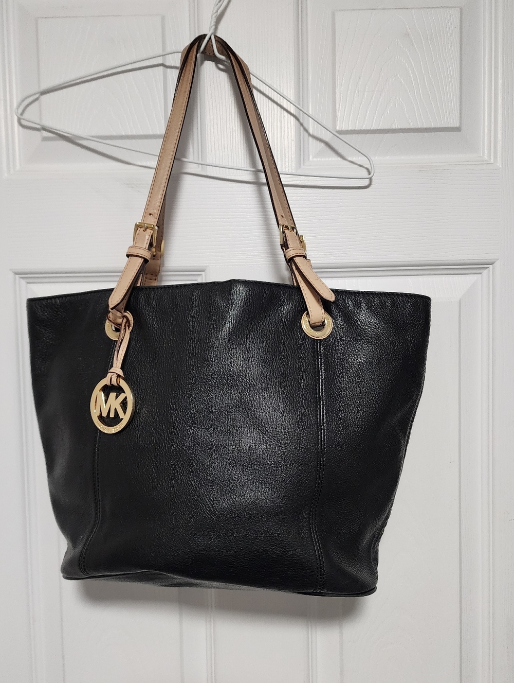 Michael Kors Black Leather Tote with Nude Straps and Gold Hardware